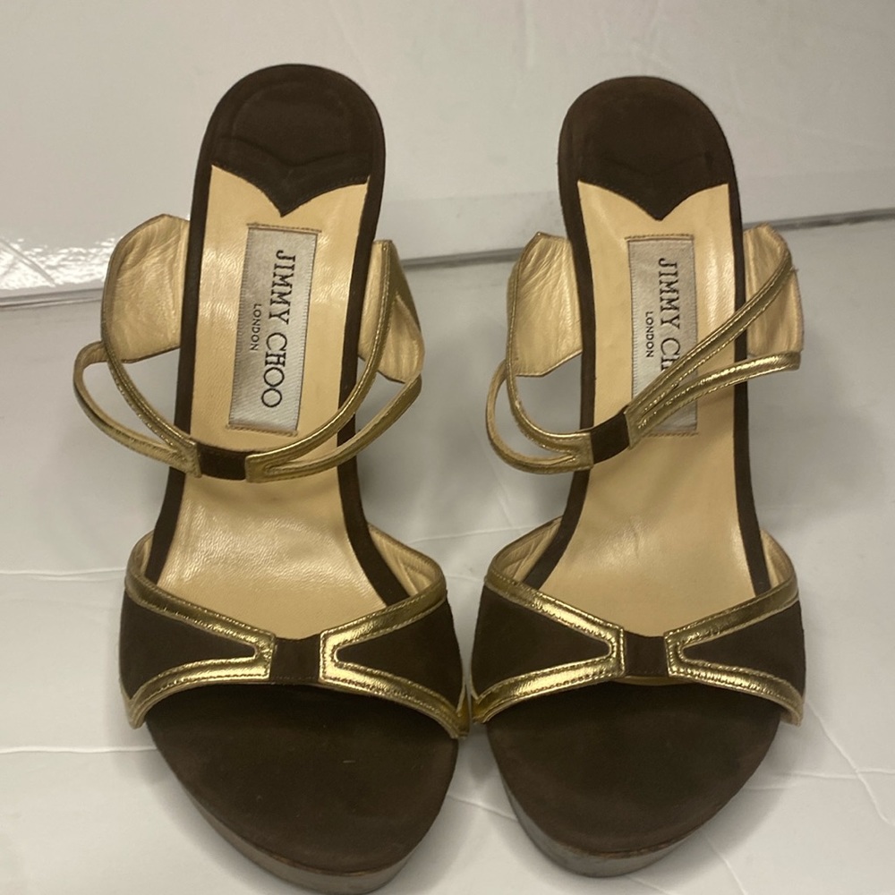 Jimmy Choo brown gold wooden heel slip on size US 8 Italy 38